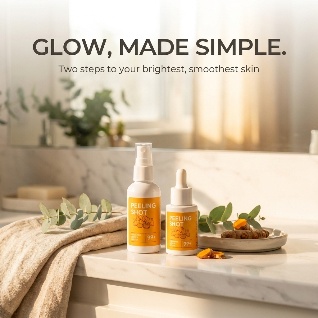 Glow made simple: the spray and serum styled on a bright bathroom vanity shelf